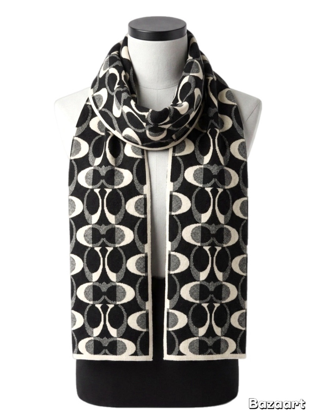 Coach Women’s C Logo Knit Scarf Black Cream Double-Sided